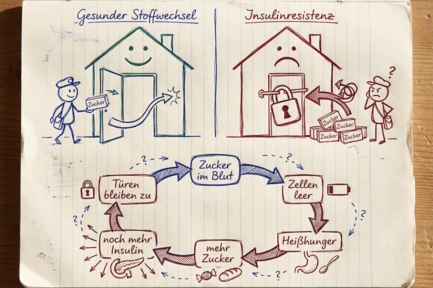 Illustration Postamt-Metapher: Links gesunder Stoffwechsel — Briefträger Insulin bringt Zucker zur offenen Haustür (Zelle). Rechts Insulinresistenz — die Haustür ist verschlossen, Zuckerpakete stapeln sich, der Briefträger scheitert.
