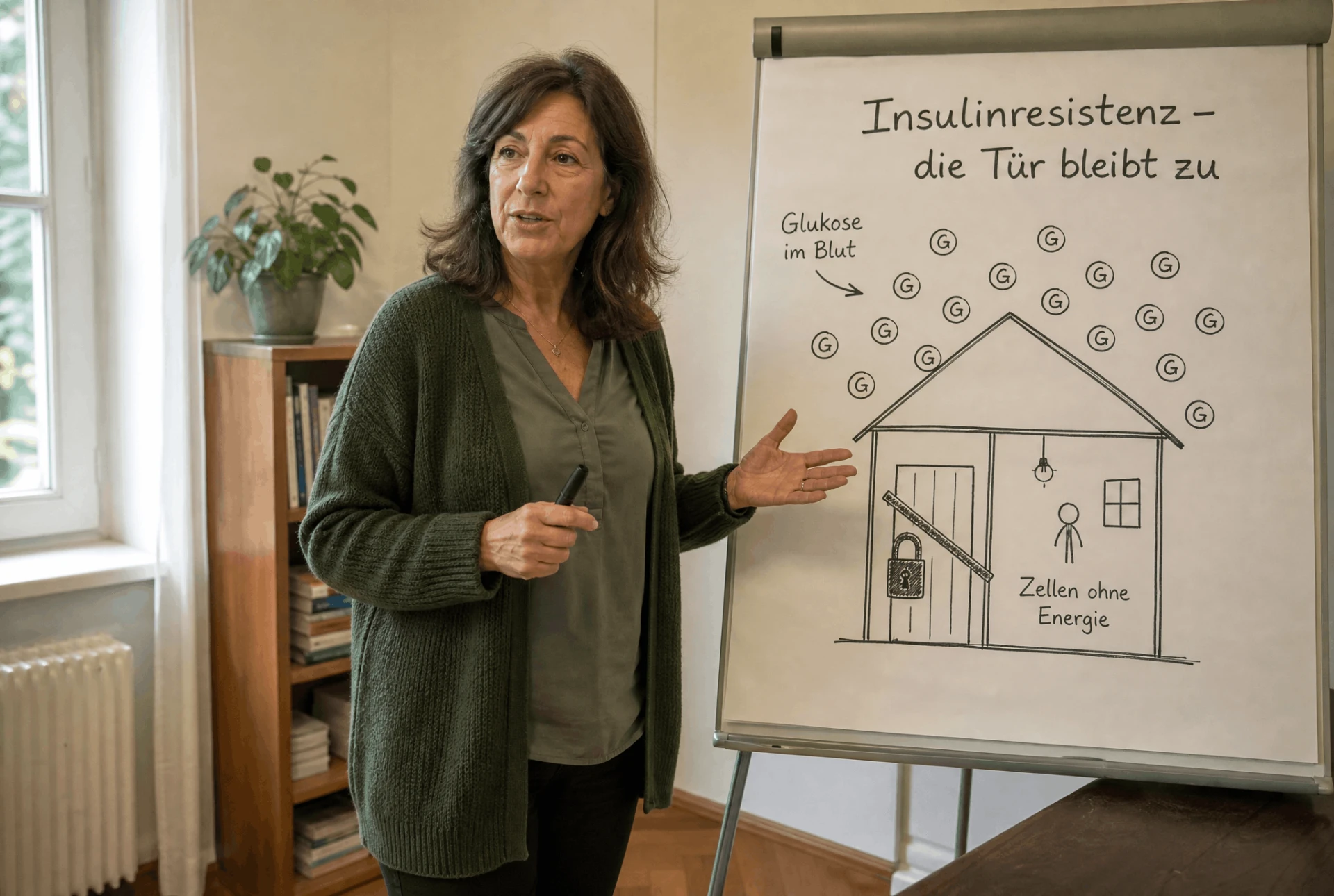 Porträt von Cornelia W., ehemalige Diabetesberaterin, am Schreibtisch mit Fachbüchern und Notizen, natürliches Licht.