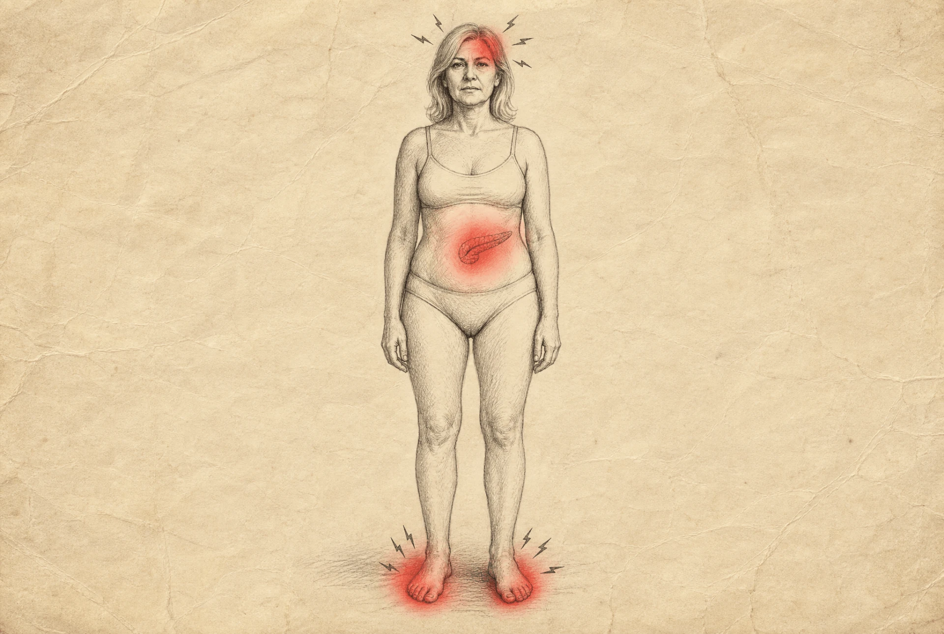 Körperdiagramm: Marion mit markierten Symptomen – Kopf (Müdigkeit), Bauchraum (Bauchspeicheldrüse/Insulin), Füße (Kribbeln).